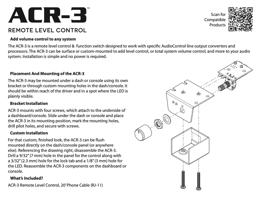 AudioControl ACR-3 Dash Remote – Works w/ D-6.1200, D-4.800, D-5.1300, D-5.800 & DM-Series DSP Amps