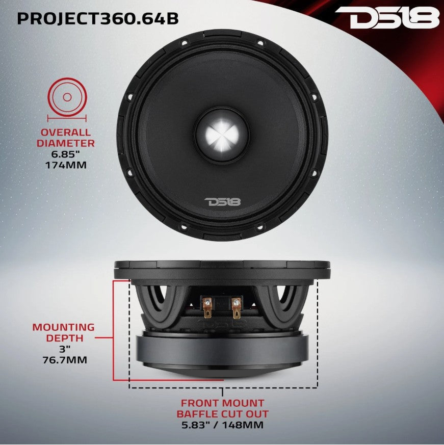 DS18 PROJECT360.64B 6.5” Mid-High 98 dB Loudspeaker - 300W RMS 4-Ohm w/Bullet- Rotating Recone Design For Quick Repair