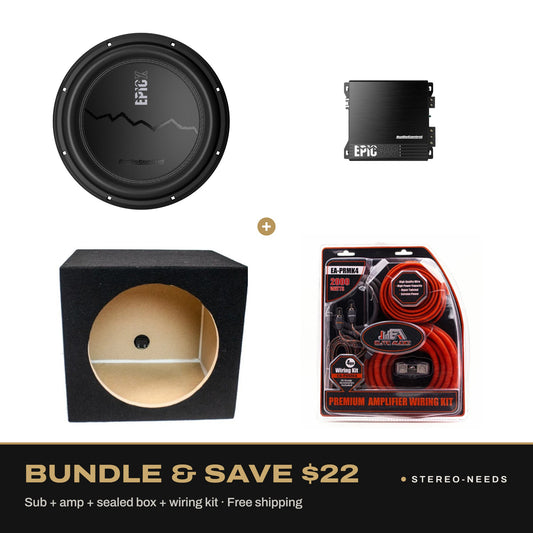 12 inch bass starter package: AudioControl sub, EPIC500 amp, sealed box and wiring kit