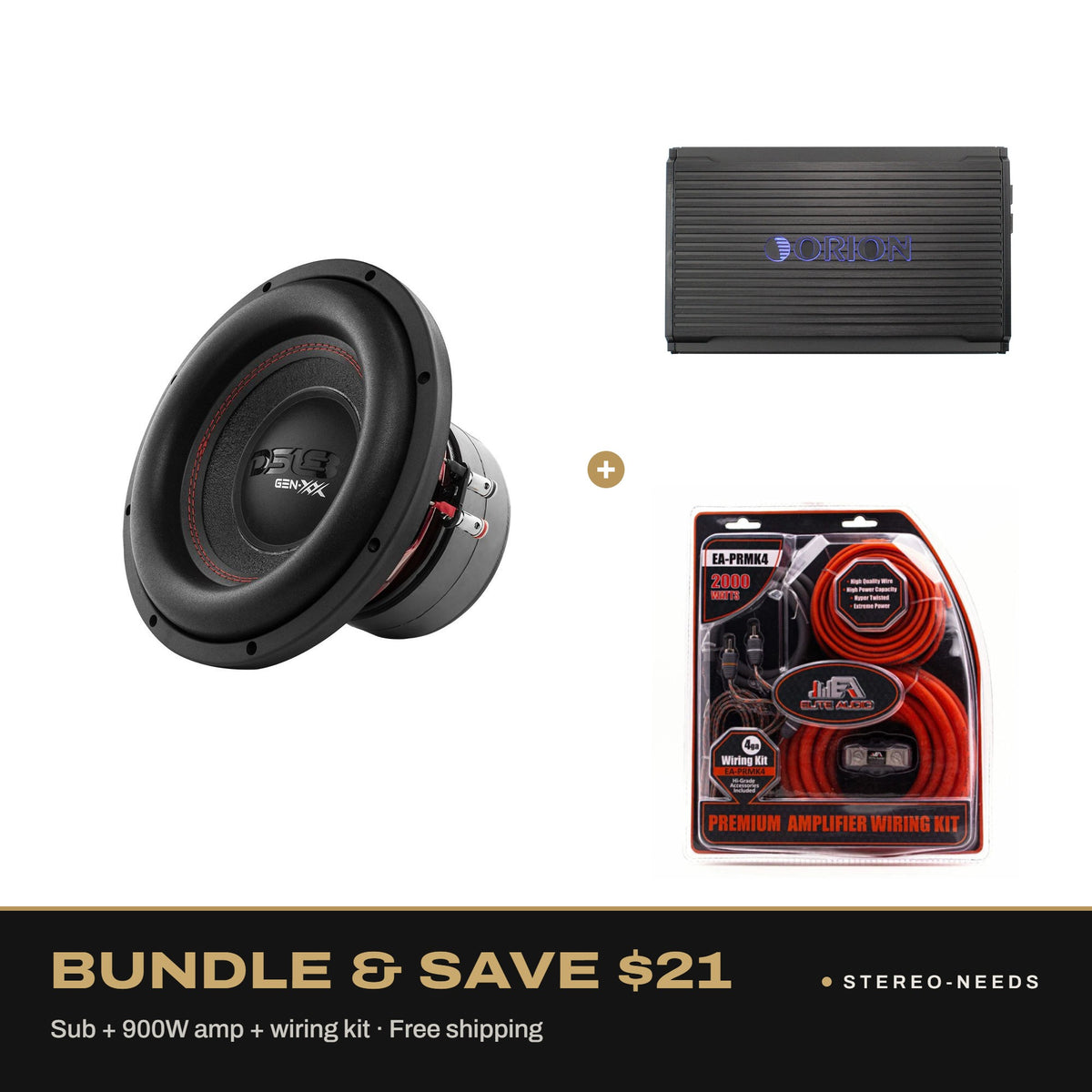 Big bass package: DS18 GEN-XX 12 inch sub, Orion CEA900.1D amp and wiring kit