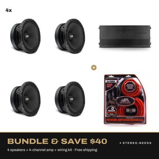Loud mids package: four DS18 PROJECT360.64 speakers, DS18 GEN-X 4-channel amp and wiring kit